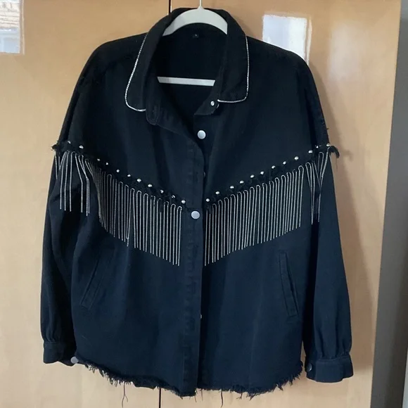 Black crystal fringe Jean jacket - Picture 3 of 7